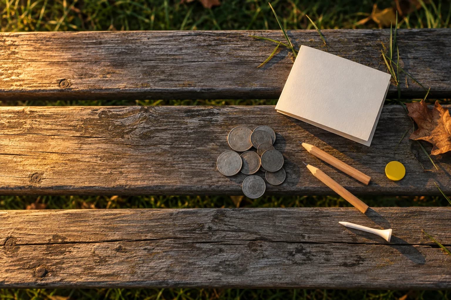 Coins, two pencils, a tee and a blank card on a wooden bench in low evening sun