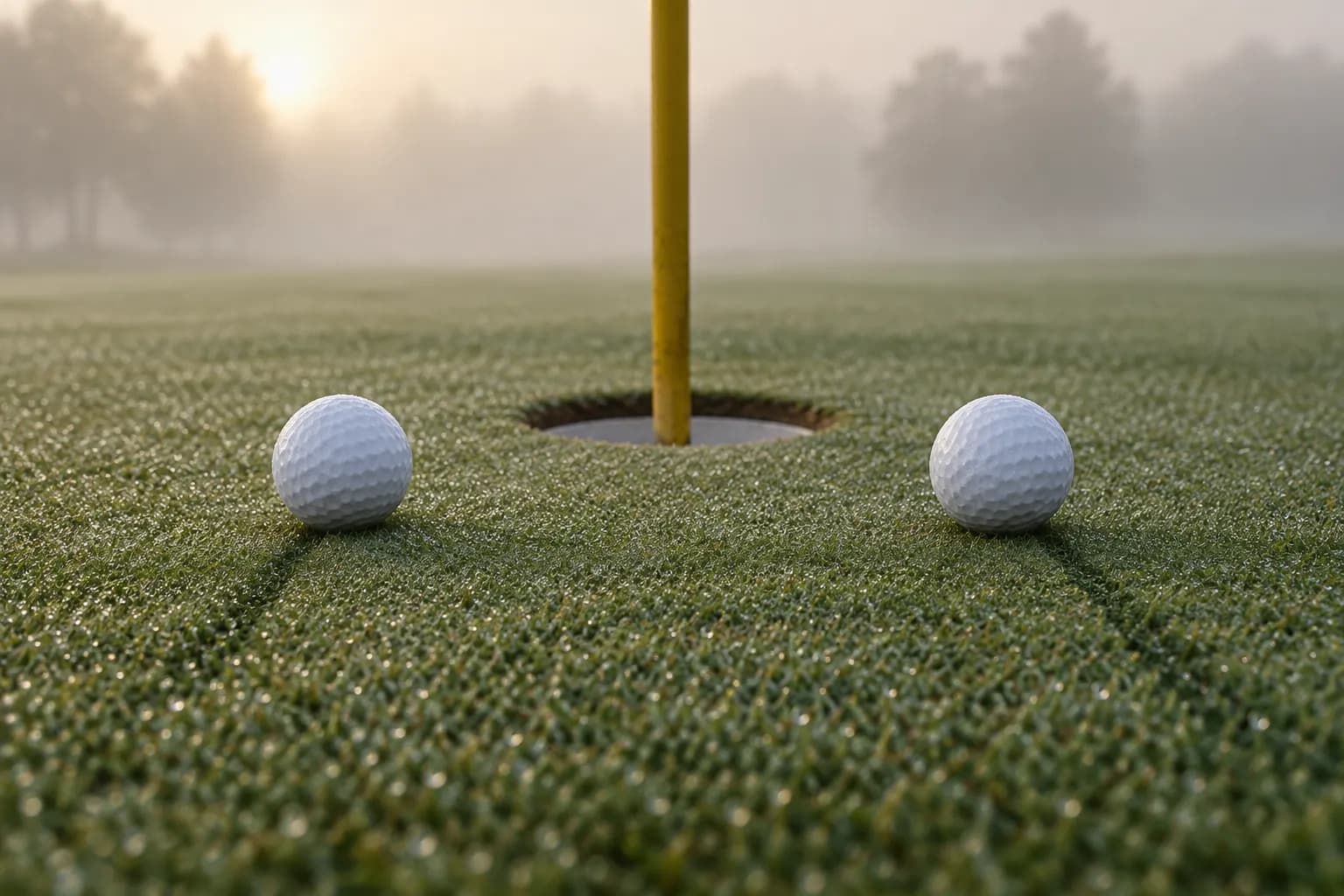 Two white golf balls on a dewy green, the same distance from the cup in morning fog